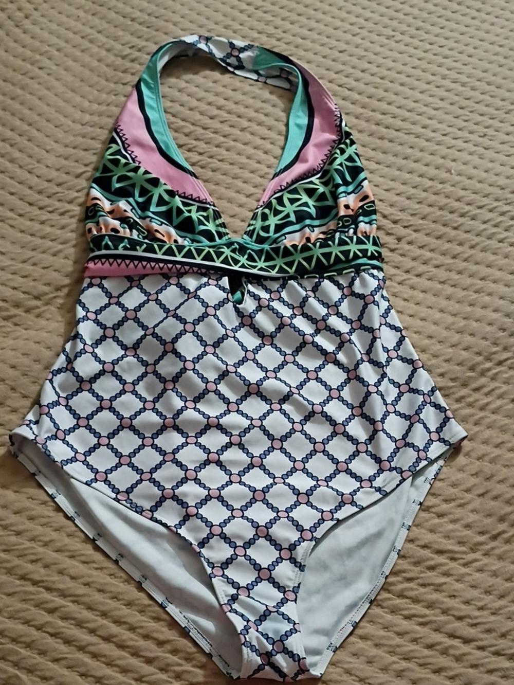 Halter One-Piece Swimsuit in White, Pink & Green